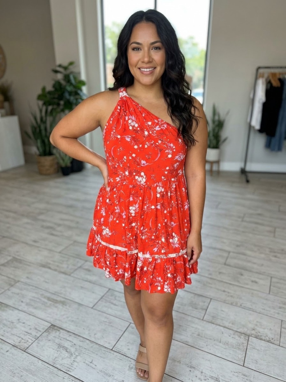 Free People All Mine One Shoulder Linen Floral Dress Red Cherry Combo L